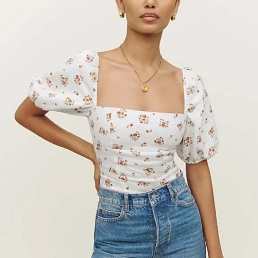 Reformation Arancini White Floral Linen Top Size 8